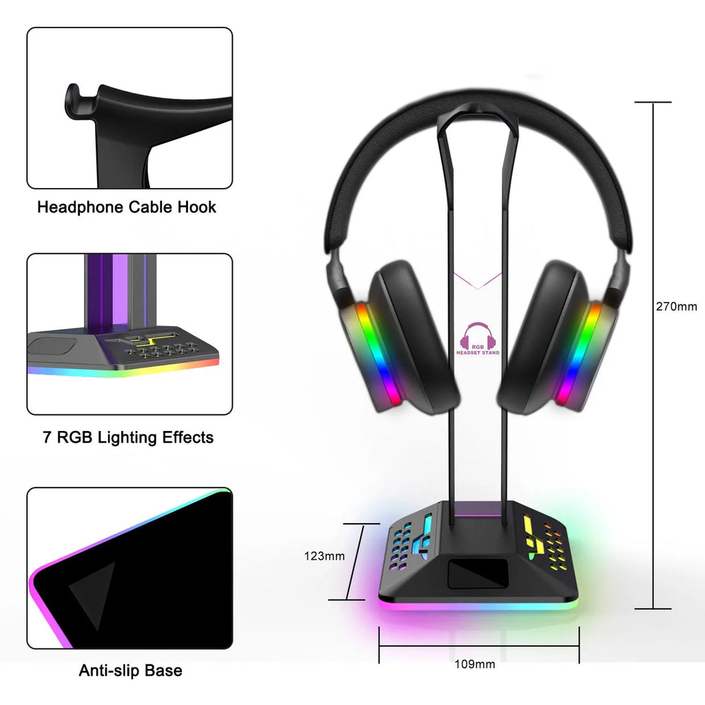 RGB headset display rack with dual USB charging ports and colour-changing acrylic side panels