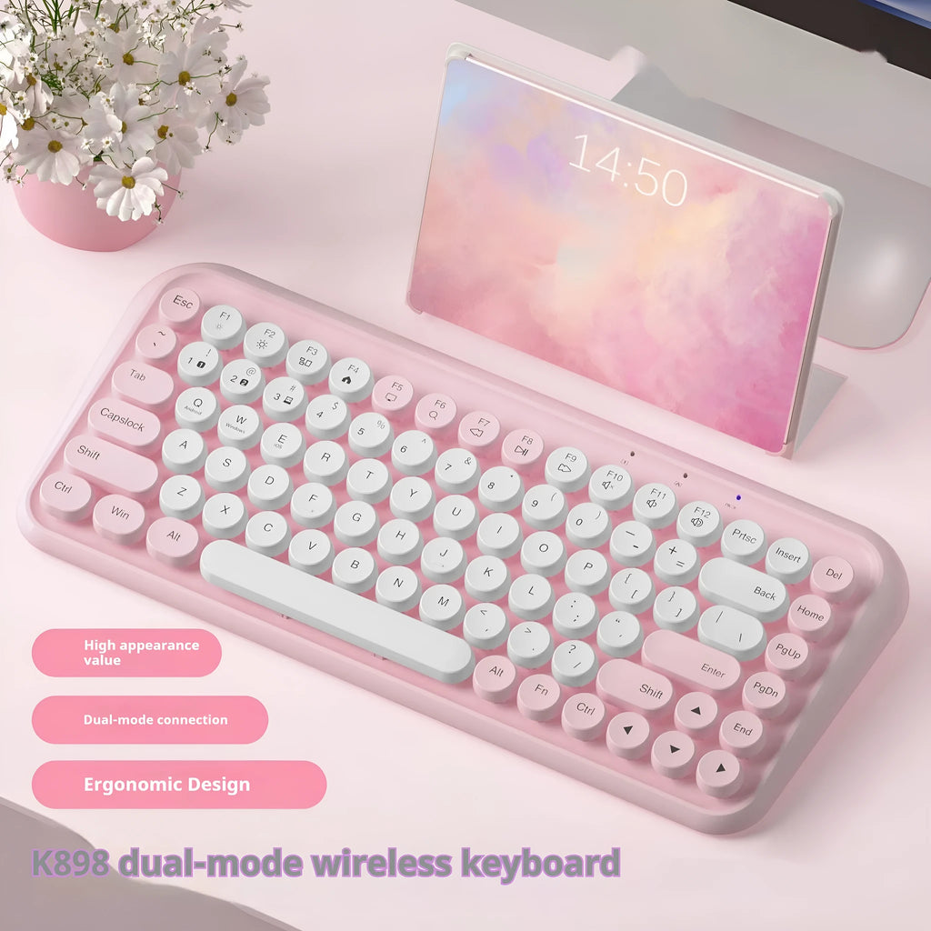 Pink wireless Bluetooth keyboard with 84 keys showing portable design and crater architecture technology