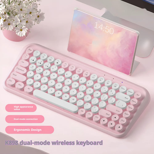 Pink wireless Bluetooth keyboard with 84 keys showing portable design and crater architecture technology