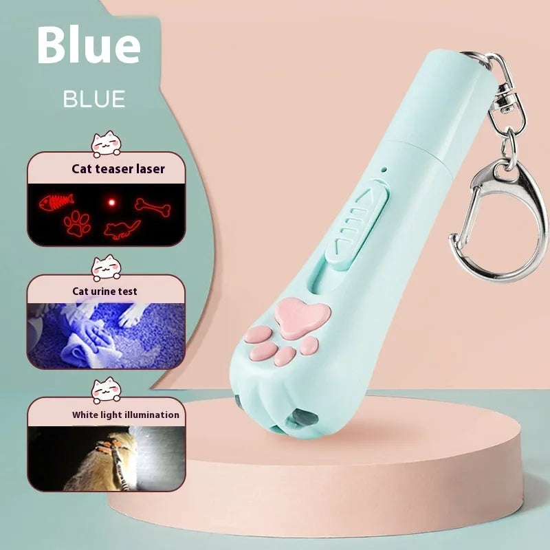 Rechargeable cat pen light toy with teaser attachment in pink, cream white, or sky blue
