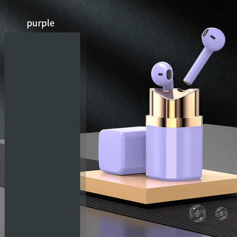 Lipstick-style wireless Bluetooth earbuds in charging case with curved in-ear design available in four colours
