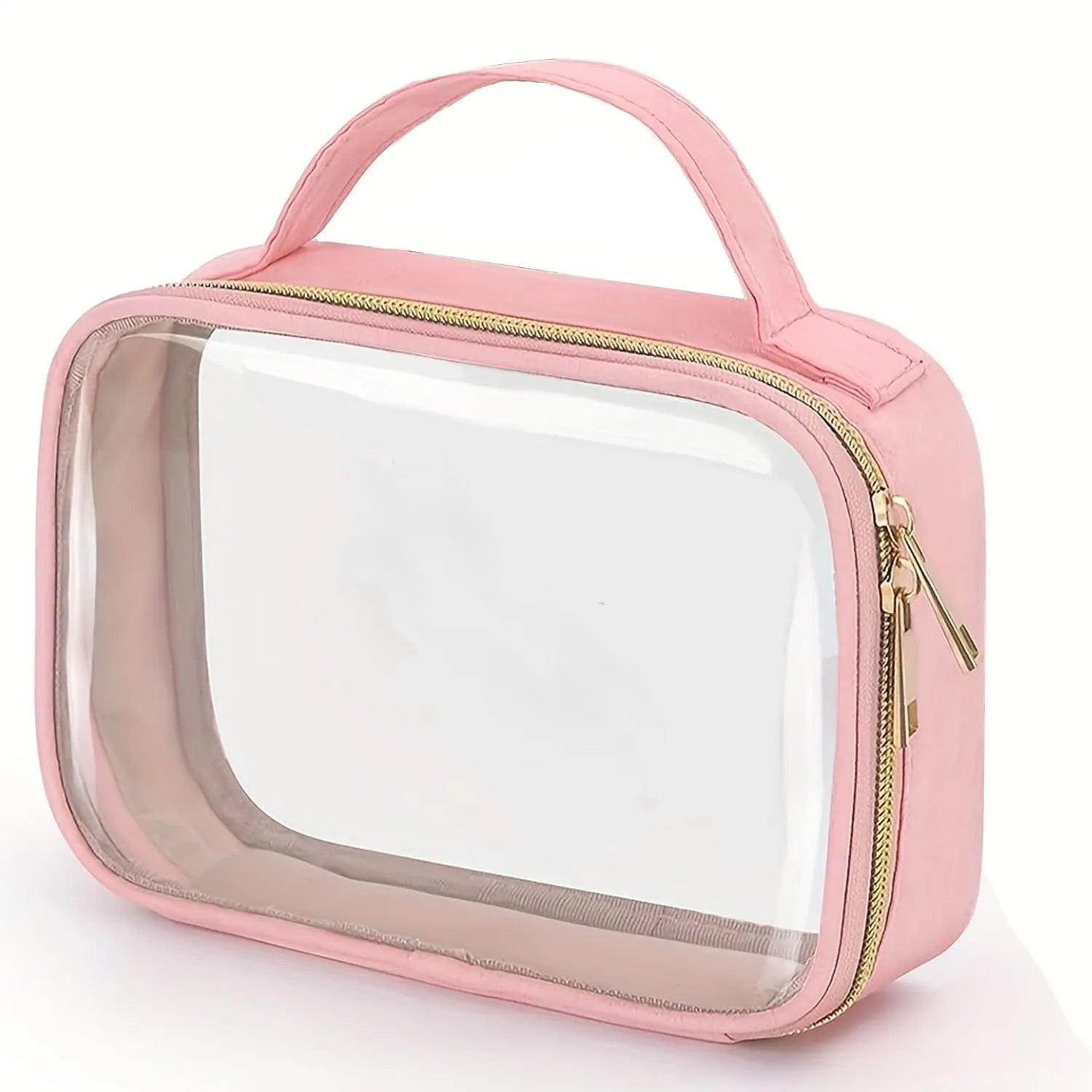 Transparent PVC cosmetics wash bag with chain in multiple colour options on a white background.