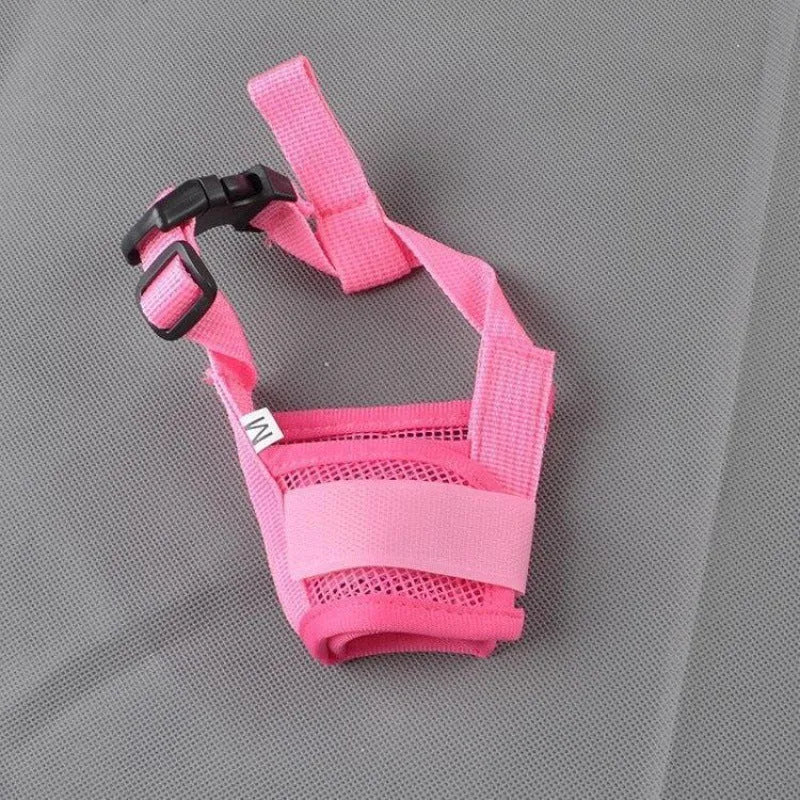 Adjustable plastic dog muzzle in various colours showing snout coverage and head strap attachment