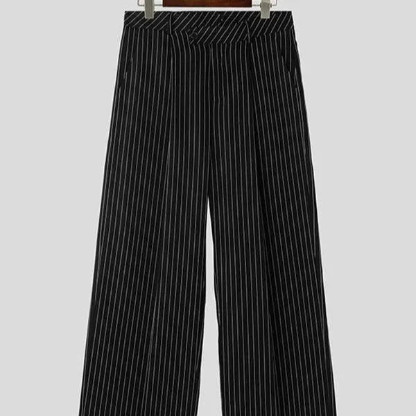 Men's black vertical striped pleated casual trousers with elastic waist