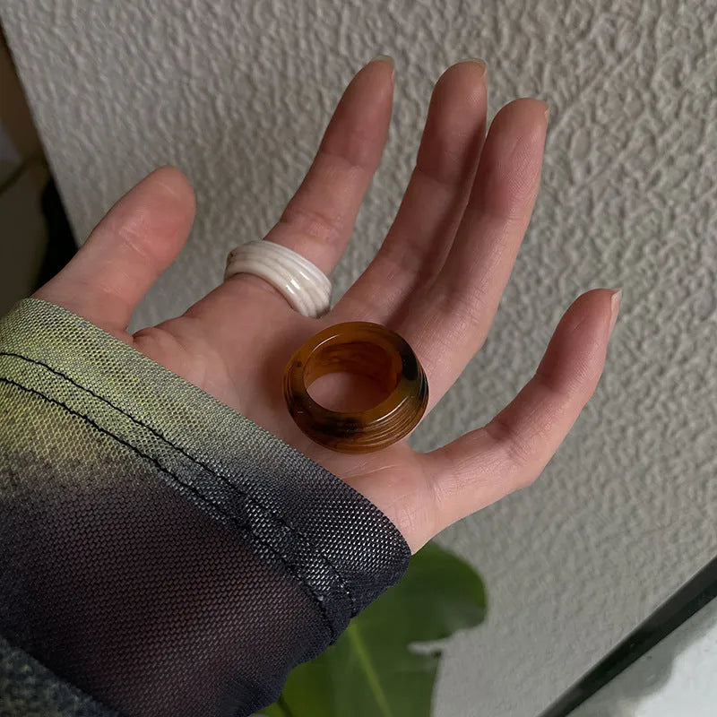 Chinese style irregular geometric resin ring in Maillard Brown, smoky brown or latte white