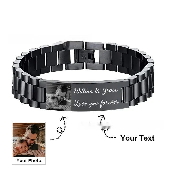 Titanium steel men's bracelet with curved heart-shaped lettering piece in gift box