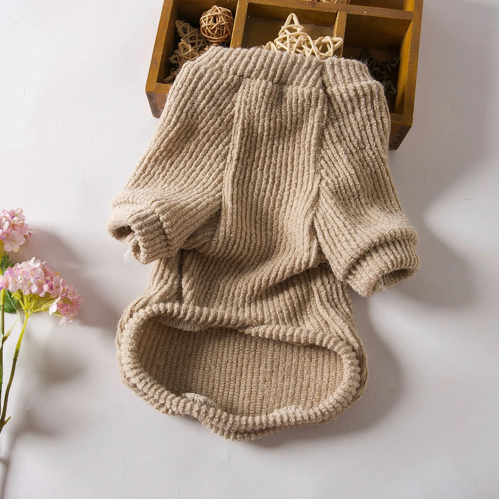 Brown casual cloth sweater for a small dog on a mannequin, showing size range XS to XL.