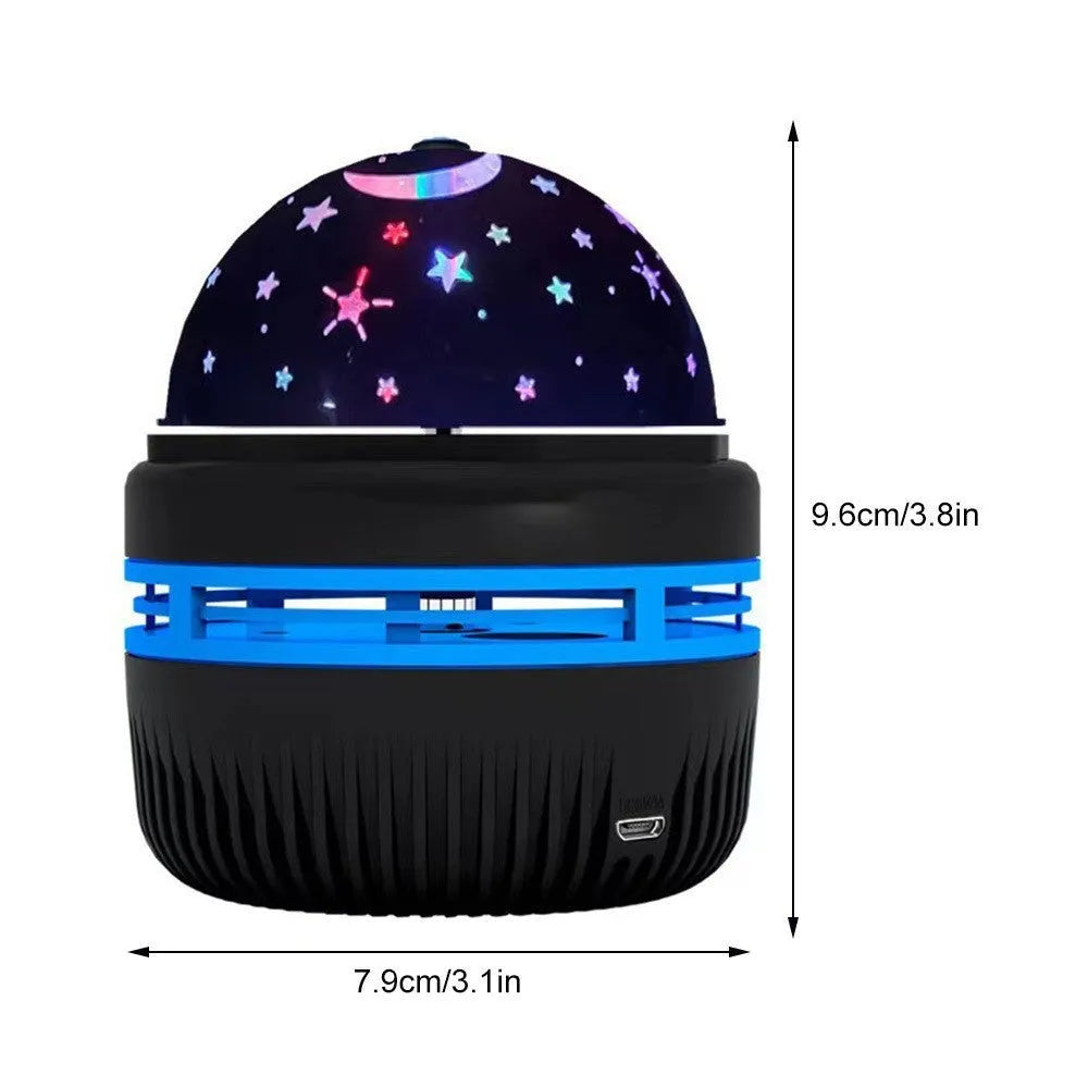 USB-powered LED galaxy projector lamp with rotating ball on a table, showing starry light projection.