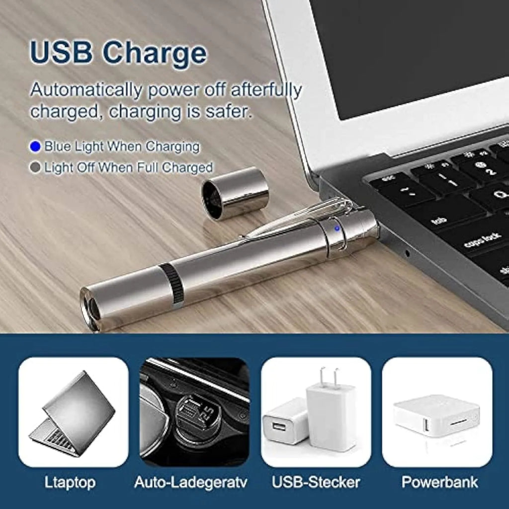 Silver aluminium alloy cat laser pointer wand showing pattern selection dial and USB charging port