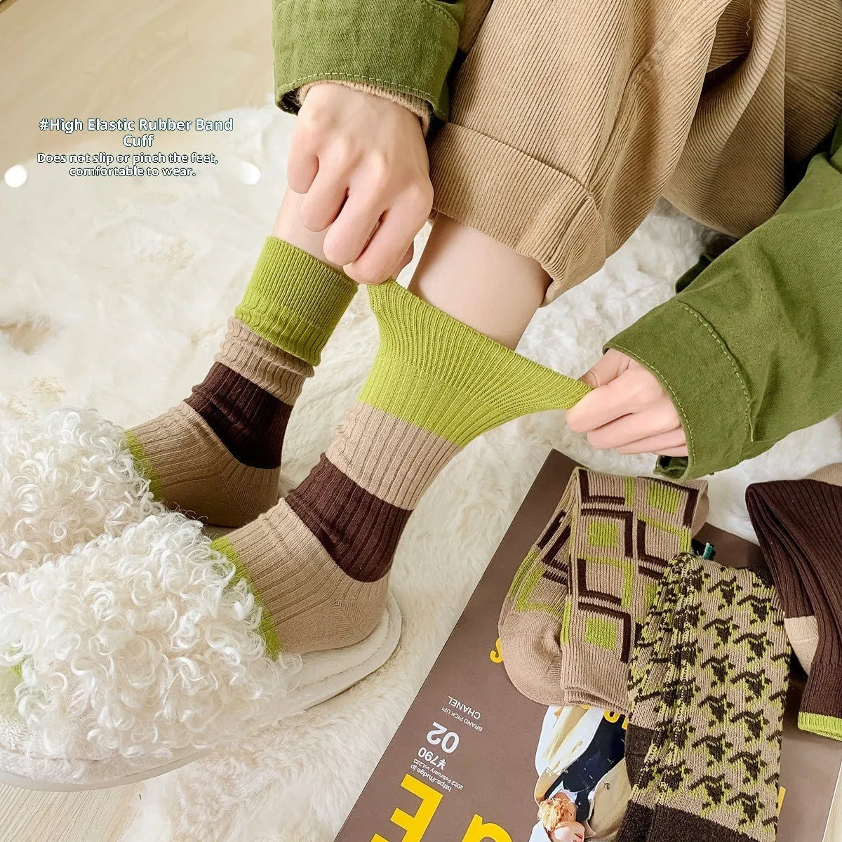 Retro women's double needle embroidery mid-calf socks in combed cotton, check pattern, one size