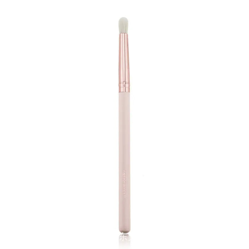 26-piece pink makeup brush set with wooden handles in protective roll case