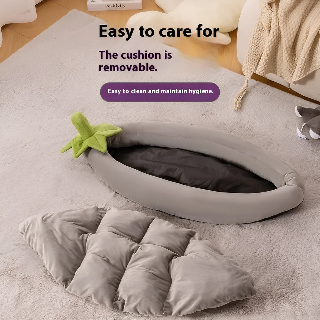 Removable washable cloth dog bed mat in purple, orange, brown, and grey colours
