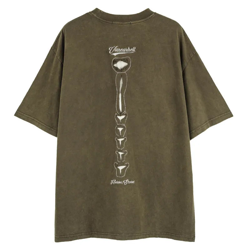 Brown skull design short sleeve t-shirt with letter pattern and drop-shoulder sleeves