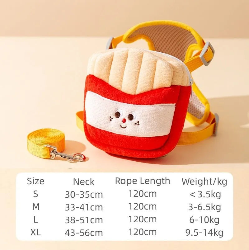 Burgundy red and blue cartoon hamburger chips design pet walking vest with leash and backpack