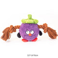 Green and purple interactive dog toy with plush rope knot design and molar tooth texture for tug-of-war games