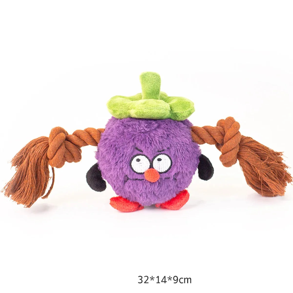 Green and purple interactive dog toy with plush rope knot design and molar tooth texture for tug-of-war games