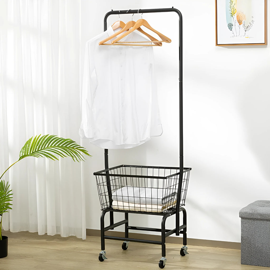 White or black single rod iron pulley storage car for hanging clothes, trousers, or ties.