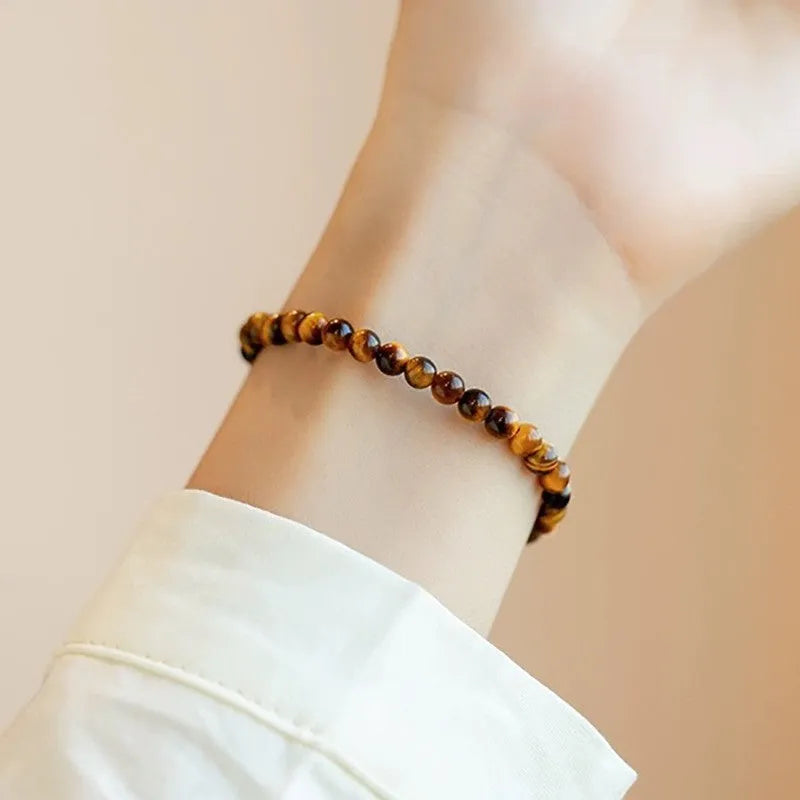 Chinese style geometric tigereye stone bracelet with round beads in handcrafted design
