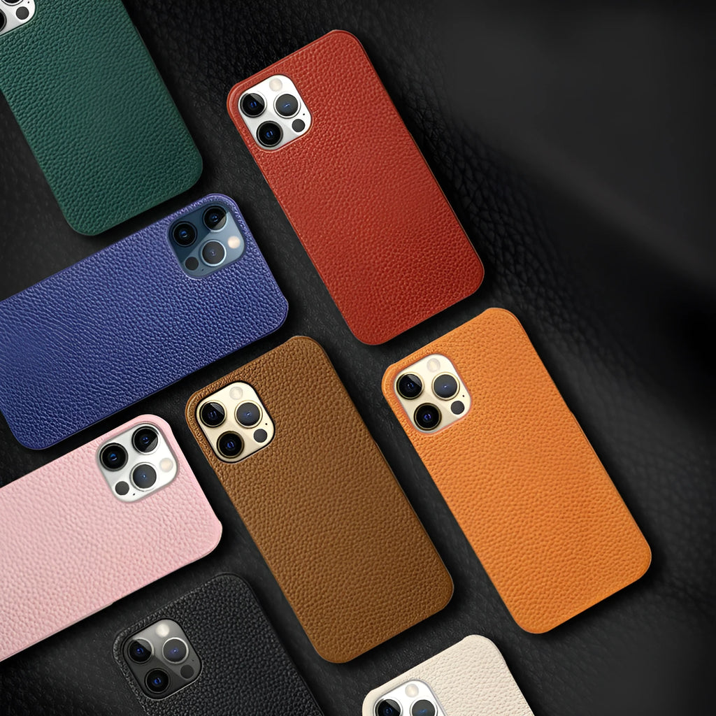 Genuine leather protective case for iPhone in multiple colours, showing simple design and half-break style.