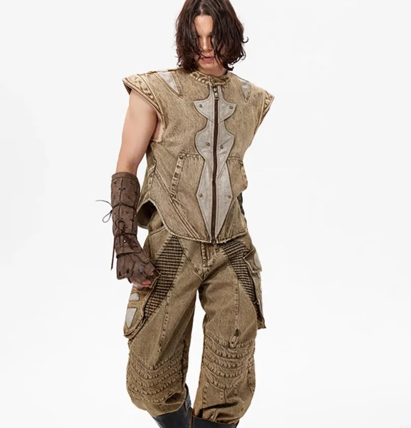 Summer dark knight original niche pleated vest in cotton fabric, picture colour, front view