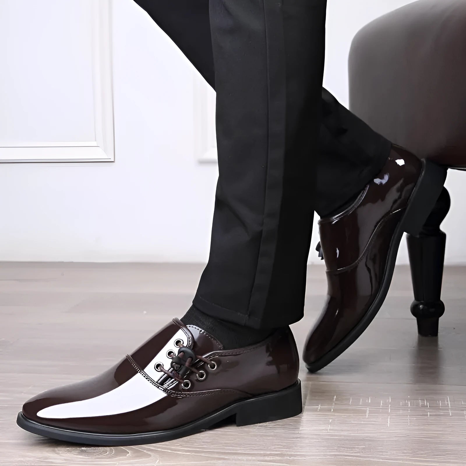 Men's black and brown formal business shoes with square heel and round toe design
