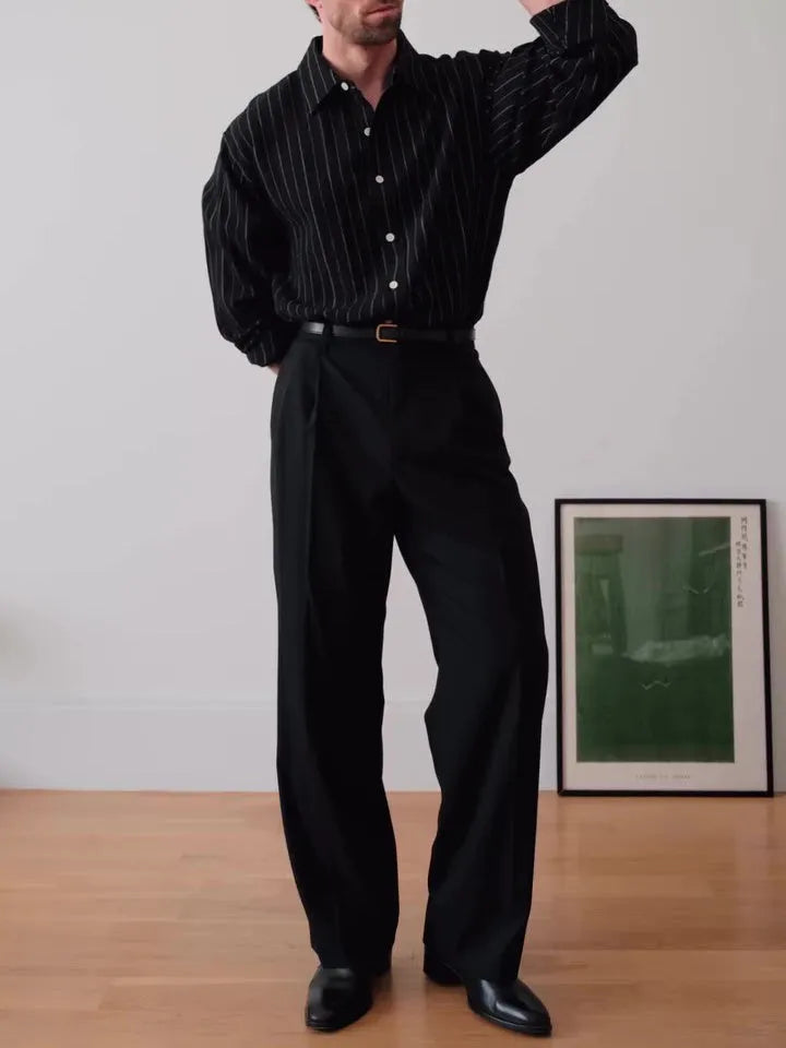 Black pinstriped polyester button-down shirt in regular fit with striped pattern