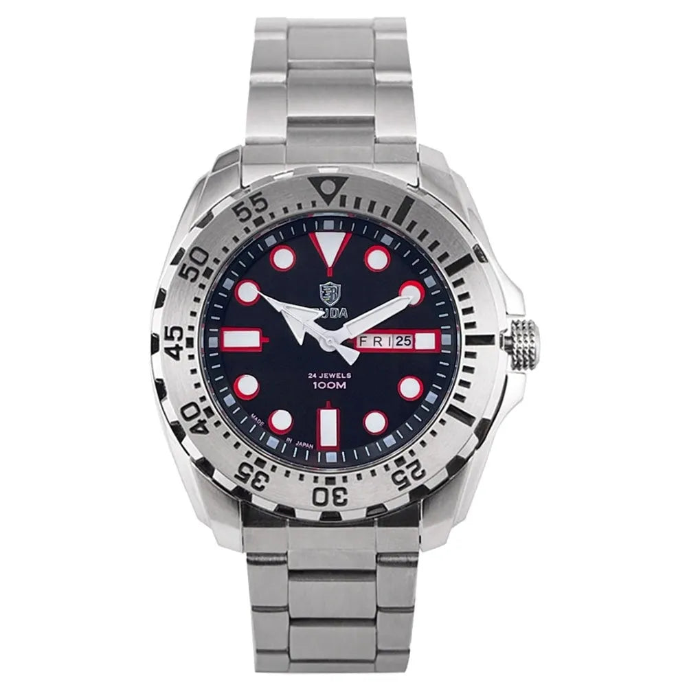 Men's waterproof luminous quartz watch with blue case and steel strap showing sporty 15mm design
