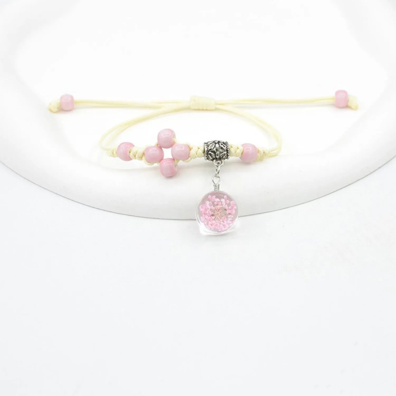 Hand-woven glass bracelet with real dried flowers inside large 1.4cm colored beads for women
