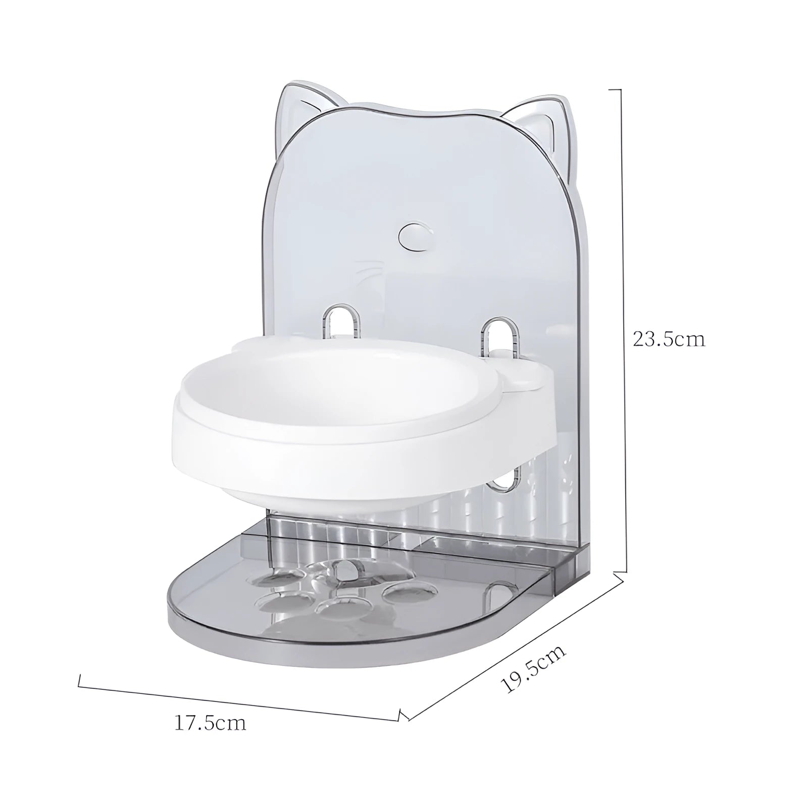 Grey cat feeding bowl with cat ear anti-spill design and removable hanging cage