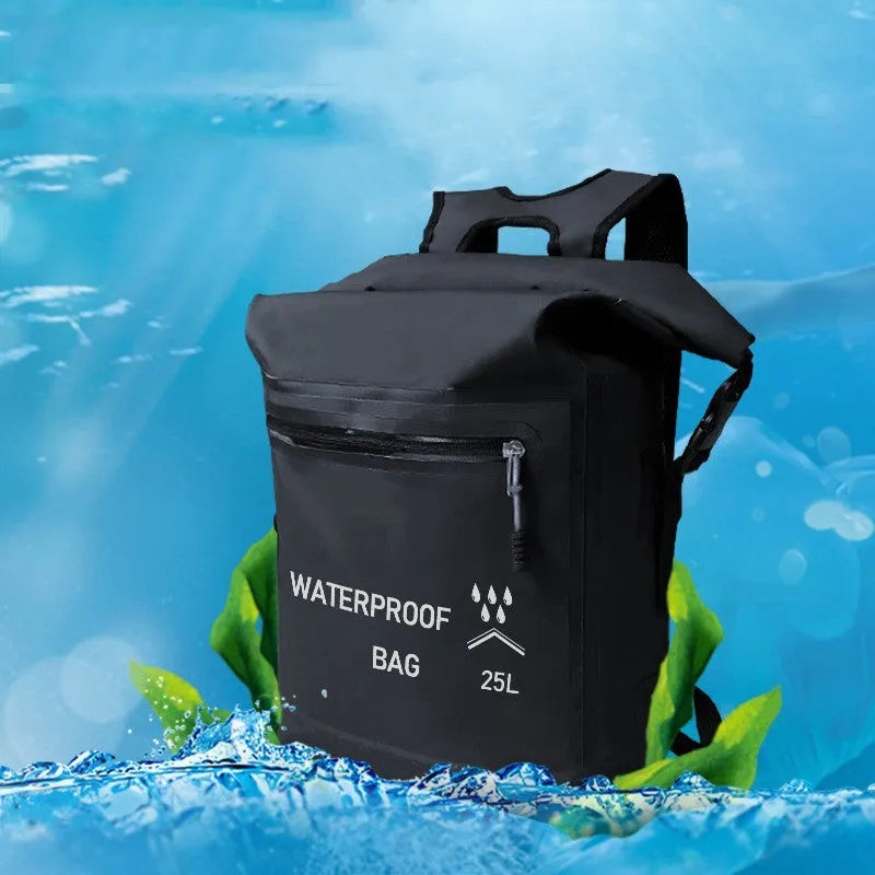 Black 25 litre waterproof backpack with mesh external clips for outdoor water activities