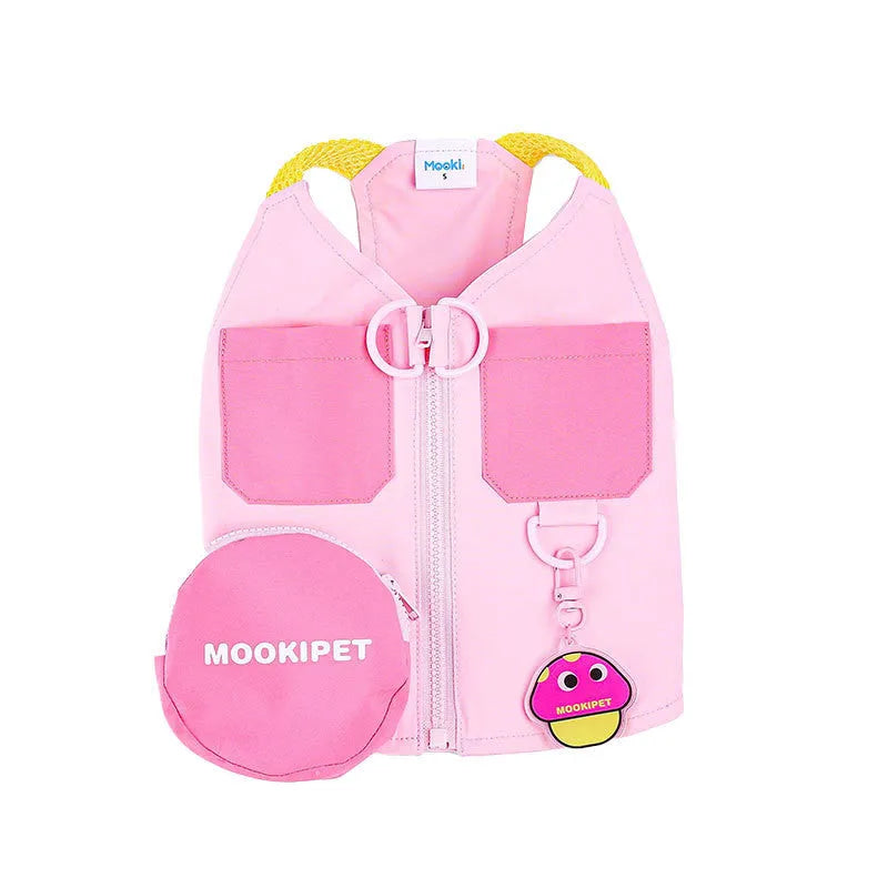 Pink polyester dog harness vest for small breeds like Bichon Frisé on a white background