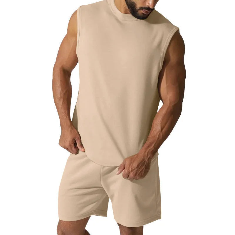 Men's solid colour sleeveless sports top and matching casual shorts set on a hanger
