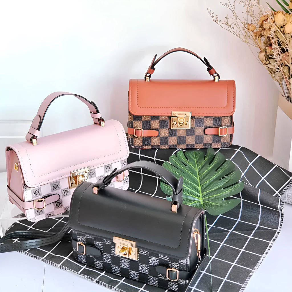 Brown ethnic pattern square crossbody bag with file compartment and structured PU build