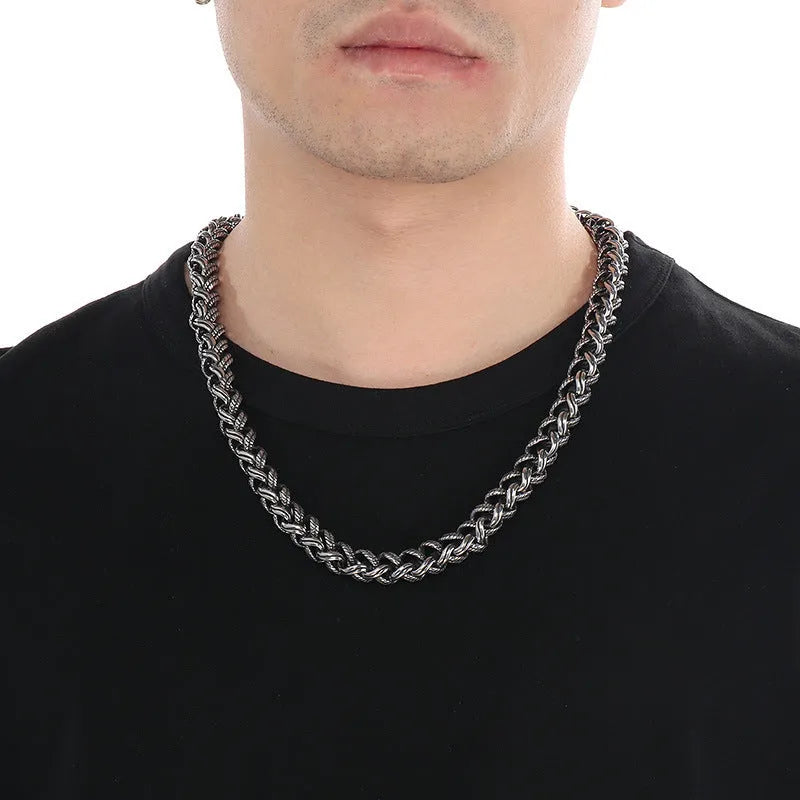 Men's titanium steel keel chain necklace with geometric links in antique silver finish