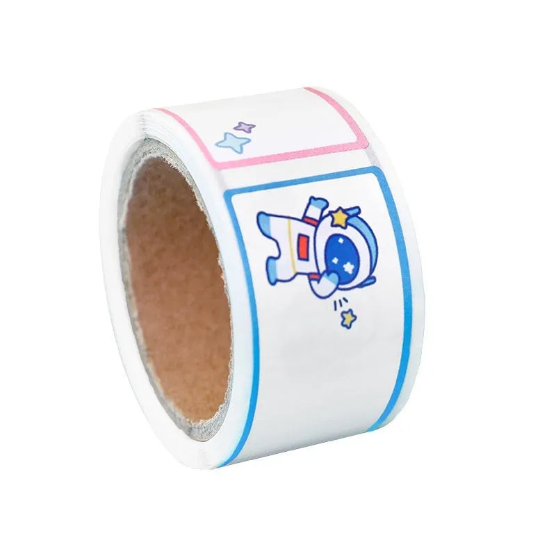 Roll of cartoon name tape stickers showing Dinosaur, Astronaut, Rabbit, and Girl design options.