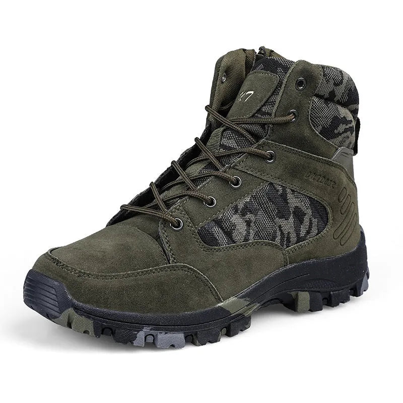 Men's black high-top hiking boots with metal eyelets and a PU leather upper.