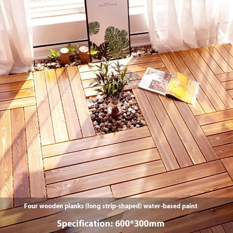 Square camphor pine wood floor tiles with interlocking edges for balcony use.