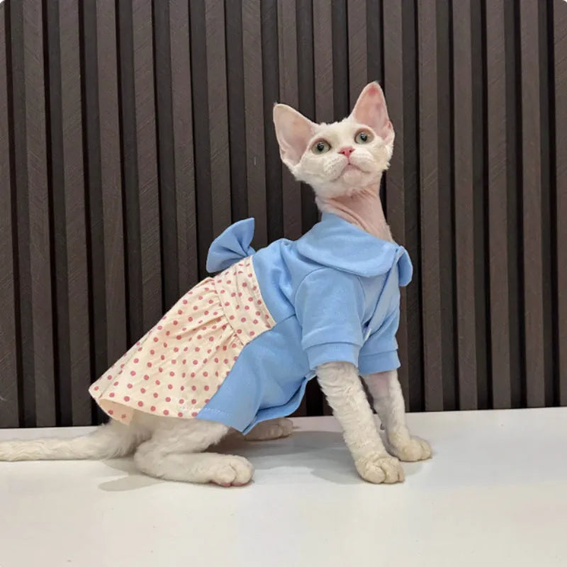 Hairless cat wearing a polka dot cotton blend bow skirt, available in sizes XS to XXXL for cats 0.75kg to 6.75kg