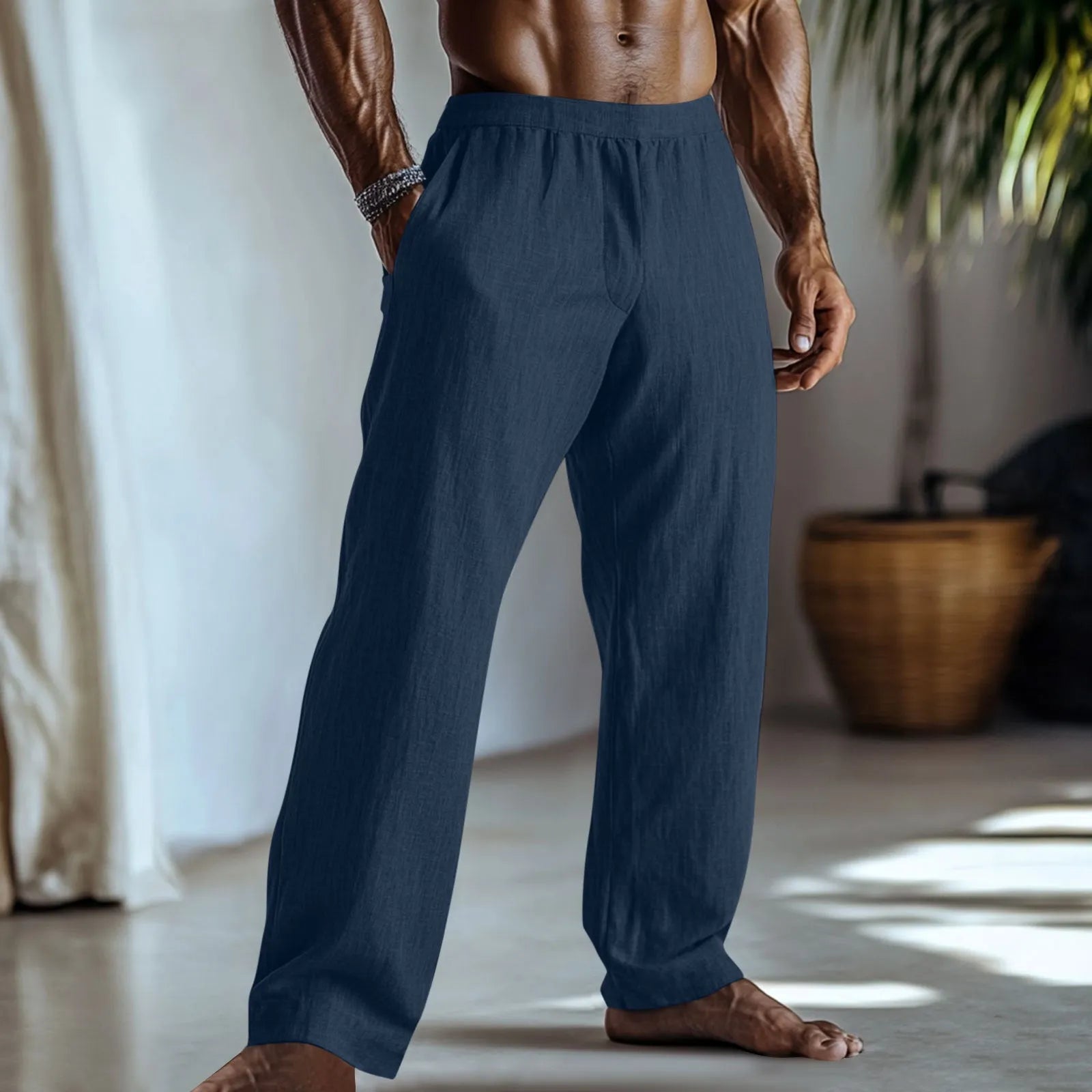 Straight leg cotton linen casual trousers in peacock blue colour with five-pocket design