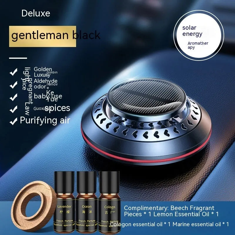 Solar-powered car air freshener with aluminium alloy housing and rotating fan