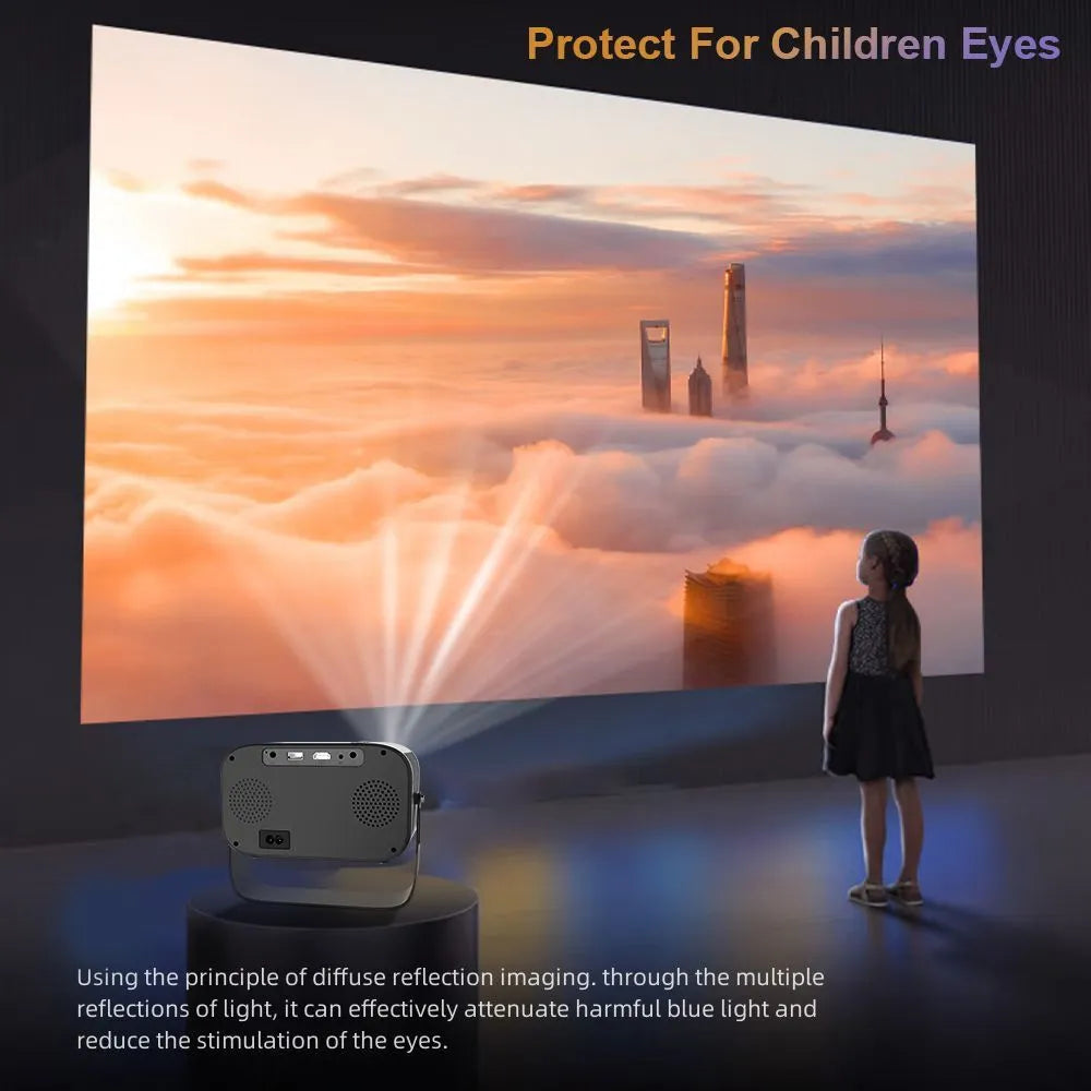 Black HD smart portable projector with remote control on white background