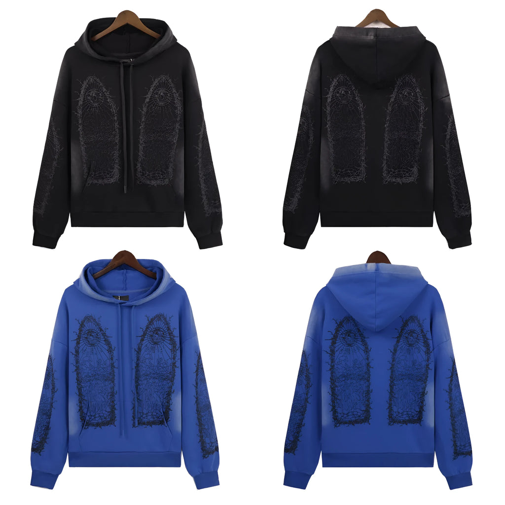Men's cotton terry distressed letter print pullover sweatshirt with 3D patch pocket in black