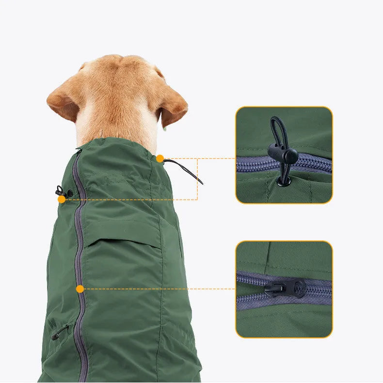 Dog clothing raincoat in military green with reflective strips and traction hole for leash