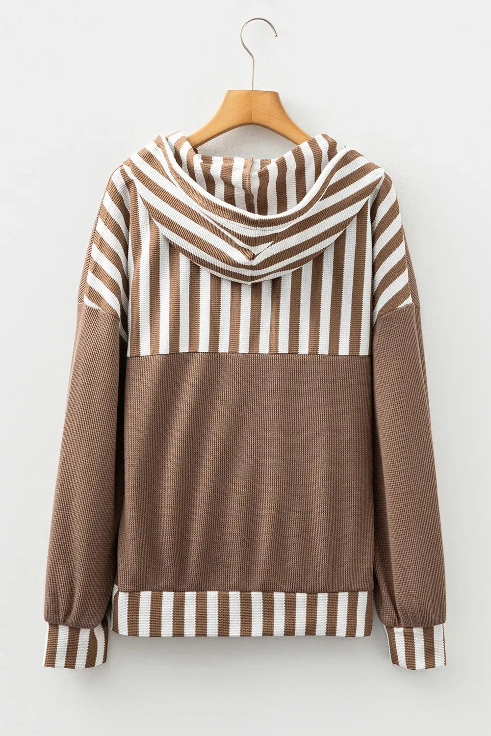Straw yellow waffle texture striped patchwork hoodie with button neck and drawstring hood.