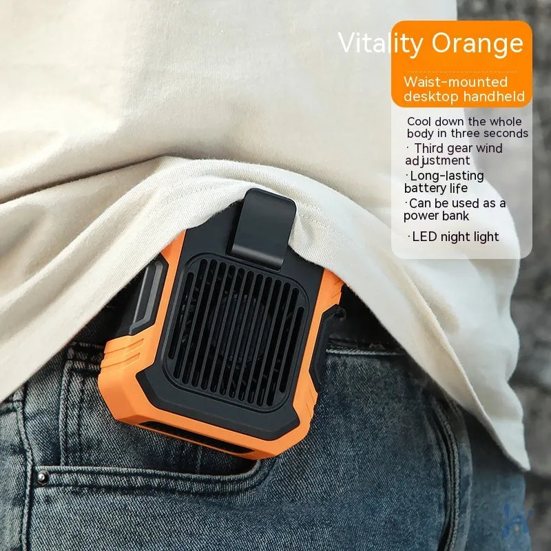 Green wrist hanging personal fan with light and USB charging port, shown with silicone neck strap.