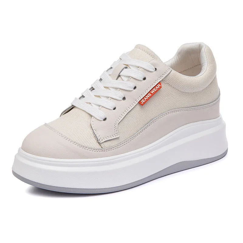 Women's beige and pink thick-soled leather casual platform board shoes.