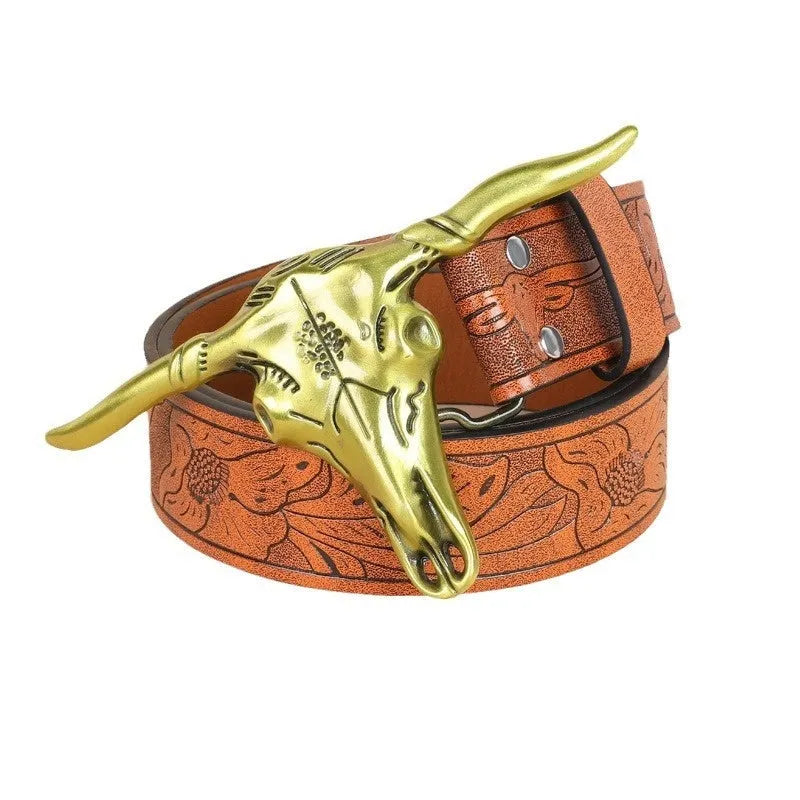 Men's black imitation leather belt with a metallic alloy cow head buckle and pin buckle fastening