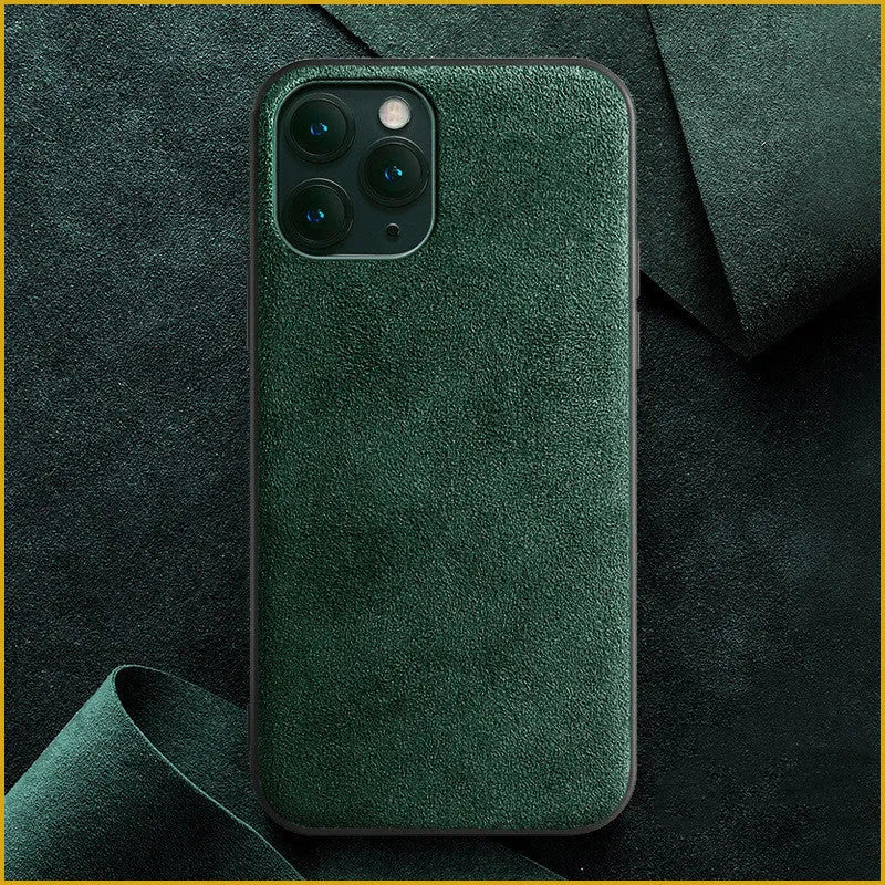 Suede full-cover iPhone back case shown in dark blue, dark night green, and elegant black colours.
