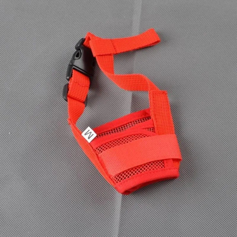 Adjustable plastic dog muzzle in various colours showing snout coverage and head strap attachment