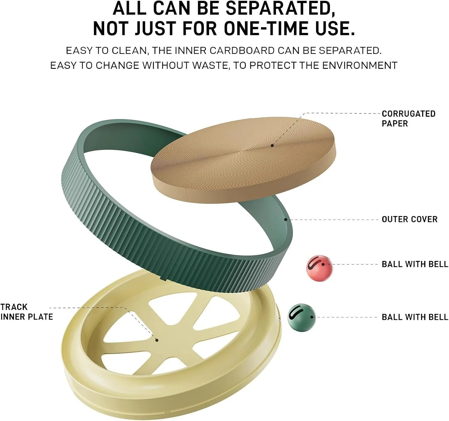 Large green circular cat scratching board with ball toys and a white replaceable core for indoor cats